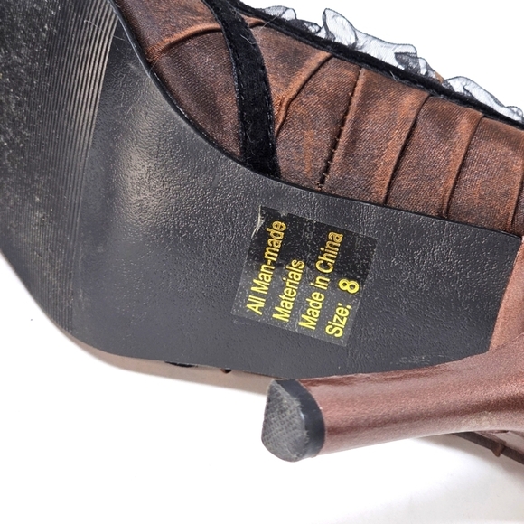 ♡ Charlotte Russe Victorian Heels Marbled Brown Satin Black Lace Trim Velvet Bow - Picture 8 of 8